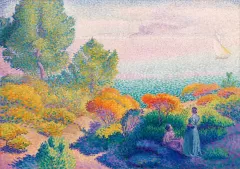 Two Women by the Shore, Mediterranean (1896) painting in high resolution by Henri-Edmond Cross. Original from Barnes Foundation. Digitally enhanced by rawpixel.