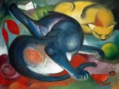 Two cats, blue and yellow (1912) painting in high resolution by Franz Marc. Original from the Kunstmuseum Basel Museum. Digitally enhanced by rawpixel.