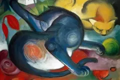 Two cats, blue and yellow (1912) painting in high resolution by Franz Marc. Original from the Kunstmuseum Basel Museum. Digitally enhanced by rawpixel.